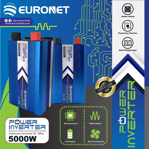 مبدل تبدیل اینورتر  5000 وات یورونت Euronet ولتاژ ورودی 24/12 ولت به 220 ولت دارای توان استارت 10000 وات دارای نمایشگر